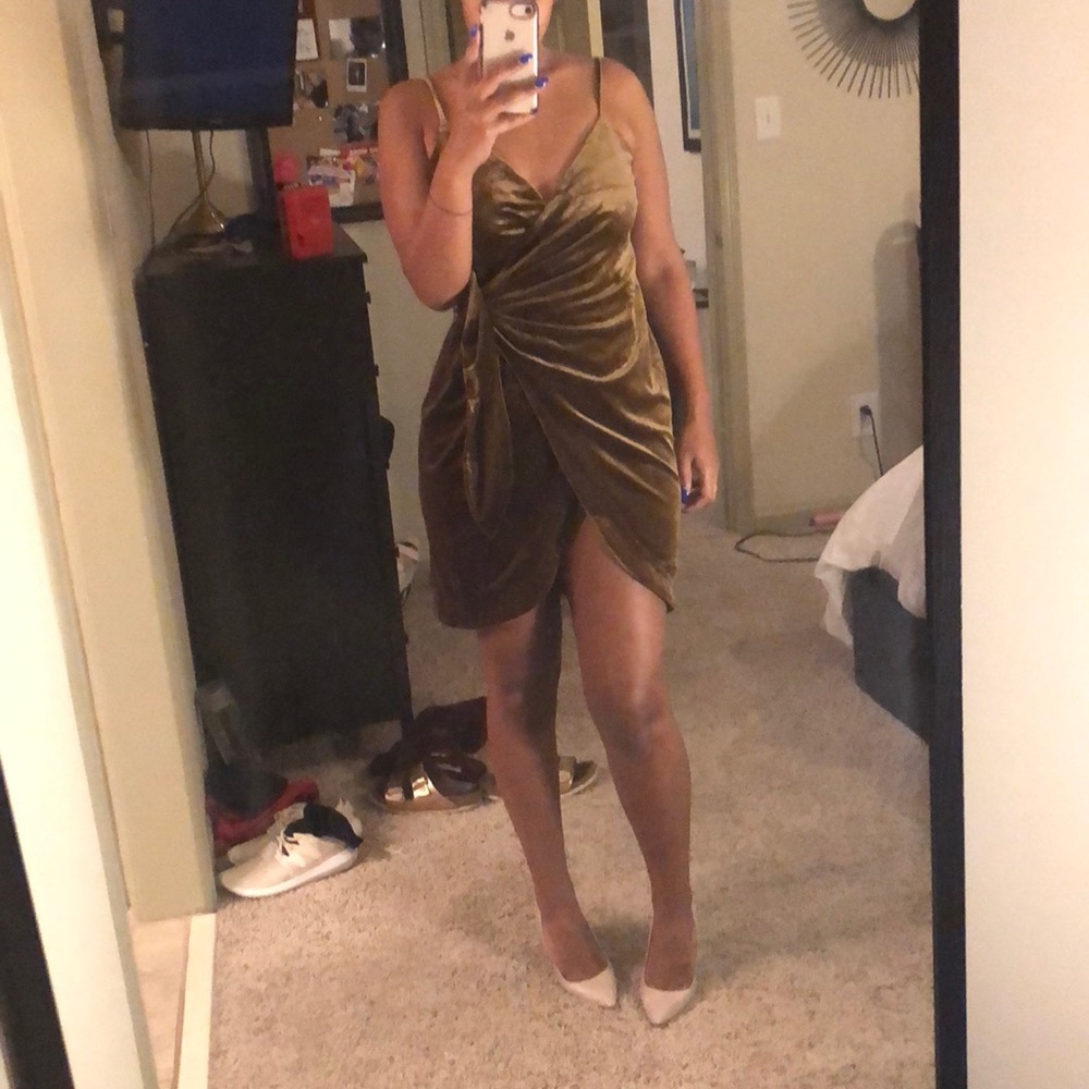 House of CB brown velvet wrap dress